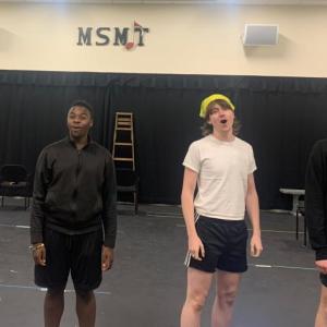 From left: Local actor Sophia Scott of Boothbay, and MSMT
Educational Fellows Kevin Lacey, Matthew Hakel, and John Rouleau at a rehearsal for the upcoming children's
production of “Beauty and the Beast.” Photo by Madeline Bonahue.