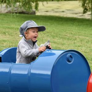 The barrel train is a treat for kids at the Boothbay Railway Village Museum. Bob Crink photo