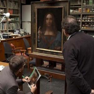 Robert Simon inspection of the Salvator Mundi at the National Art Gallery. Copyright Robert Simon/Courtesy of Sony Pictures Classics