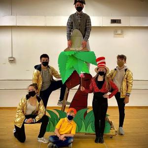 Horton (Spencer Pottle), Wickershams (Sarah Harris, Trey Tibbetts, & Anderson Pierpan), Jojo (Finn Sullivan), and the Cat in the Hat (Sophia Mansfield) rehearsing for Dec. 3 opening. Courtesy of Emily Mirabile