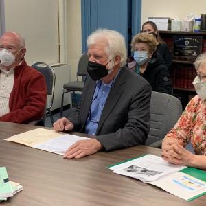 Midcoast Literacy officials introduce themselves Nov. 16 to Lincoln County commissioners in hopes of securing American Rescue Plan Act funding this year. From left are Treasurer David Damour, Executive Director Richard Brown, and Program Director Katie Clark. BILL PEARSON/Boothbay Register