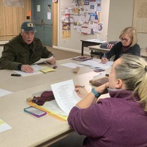 Chairman Jack Brennan, left, discusses the budget committee schedule for Fiscal Year 22 with Edgecomb selectmen during the Nov. 29 board meeting. BILL PEARSON/Boothbay Register