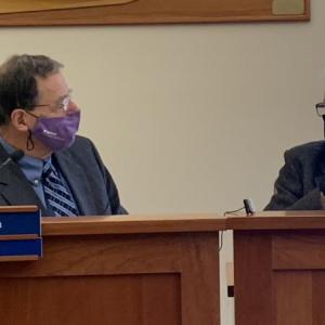 County Commissioner Hamilton Meserve, right, confers with Maine State Land Commission Clerk Richard Estabrook Dec. 8 during a hearing in Boothbay. BILL PEARSON/Boothbay Register