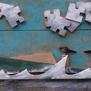 The wooden assemblage art of Southport-based artist Andre Benoit will be on exhibit at the library now through the end of February. Courtesy of the artist Andre Benoit