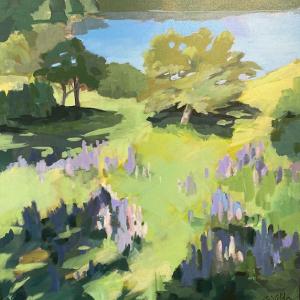 Sarah Wilde’s “Field In Summer,” a 24” x 24” acrylic on canvas is among the artist’s works in her solo show in March and April. Courtesy of the library Sarah Wilde