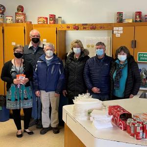 Boothbay Harbor Rotary Club members present BRES teachers with appreciation lunch. From left, BRES Principal Shawna Kurr, Rotary President Jeff Long and Rotarians Tom Marston, Brenda Blackman, Brian McGrath, and Irene Fowle. Bruce Harris photo