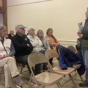 Broadband Committee member Nancy Prisk discusses Southport’s broadband initiative during an April 20 informational hearing discussing the project’s viability. BILL PEARSON/Boothbay Register