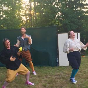Actors, from left, Robo Bishop, Soren Barker and Emily Sue Barker rapping a synopsis of “Othello” during a recent River Company rehearsal. LISA KRISTOFF/Boothbay Register