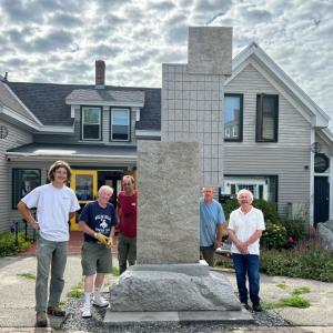 The “Lifting Fog” sculpture installation crew - from left: Joseph DiMauro, Bill Royall, sculptor Mark Herrington and Dan Ucci, with Dennis Gleason of Gleason Fine Art. Patricia Royall photo