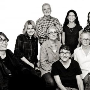 “Collective Imagination,” an exhibit that includes abstract paintings by the SEVEN collective, at the Maine Art Gallery in Wiscasset. From left: Back row: Michel Droge, Emily Blaschke, Don Peterson, Celeste June Henriquez, Alicia Etheridge. Middle row: Doreen Nardone, Brenda Overstrom. Front center: Jenny Campbell. Courtesy of the venue
