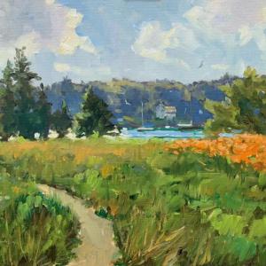 “Meadow Flowers” (12” x 16” oil) are part of artist Brad Bett’s series of paintings on scene (en plein air) at Oak Point Farm currently on display in the farmhouse gallery room. Betts is donating 20% of all sales from this exhibit to Boothbay Region Land Trust.