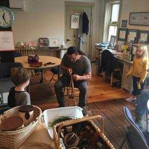 Author Gabriel Frey splitting black ash to weave a basket at Merry Barn. Kelsy Hartley photo