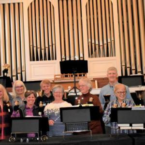 The Bell Choir of the Congregational Church of Boothbay Harbor rehearses for the March 5 concert. LISA KRISTOFF/Boothbay Register