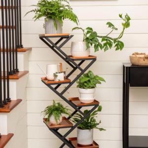 Multi-layered plant stands, like this crisscross design, allow you to showcase many plants in a small space. Courtesy of Gardener’s Supply Company/gardeners.com