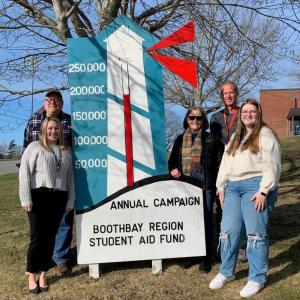 Boothbay Region Student Aid Fund is on its way to meeting our fundraising goal for this year! Pictured, from left, are Leanne Burnham. BRHS Guidance Counselor; Mark Tess and Hildy Johnson, BRSAF board members; Jim Wilkins, College/Career/Community Coordinator; and Rachel Barter, class of 2023. Courtesy photo