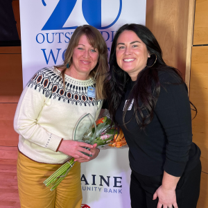 Haley Bezon, left, and 93.1 Coast Radio host Kelly Towle at the “20 Outstanding Maine Women” event in Portland. Courtesy of Hearty Roots