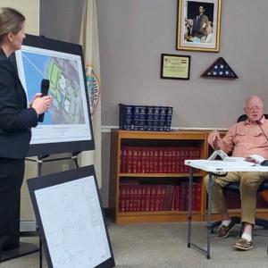 Architect Valery Tessier speaks with Boothbay Harbor planning board member Jon Dunsford about a proposed hotel on Atlantic Avenue. FRITZ FREUDENBERGER/Boothbay Register