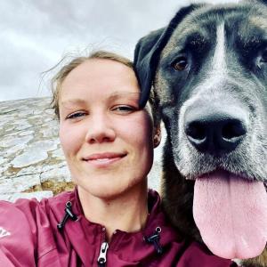 S. Carson Harvey and her favorite hiking companion. Courtesy of Hearty Roots