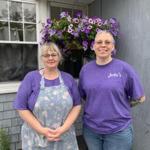 Jodie’s Cafe and Bakery baker and manager Julie Bellefleur, left, and owner Jodie Roquemore outside the Route One the eatery that opened in spring 2022. SUSAN JOHNS/Wiscasset Newspaper