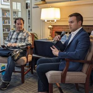 Moderator Eric Grossman, left, and author Ryan Bernsten at Boothbay Harbor Memorial Library take part in an author talk for “50 States of Mind: A Journey to Discover American Democracy.” CANDI JONETH/Boothbay Register