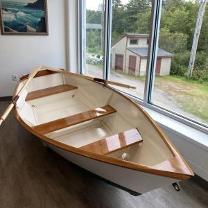 The 12-foot Echo Bay skiff built by the students of Chip Schwehm’s Marine Technology class on display at the Boothbay Region YMCA. Courtesy of Chip Schwehm.