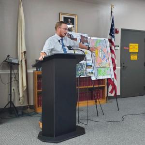 Architect Joe Britton addresses the Boothbay Harbor Board of Appeals regarding a variance request for the proposed new Boothbay Region High School. FRITZ FREUDENBERGER/Boothbay Register