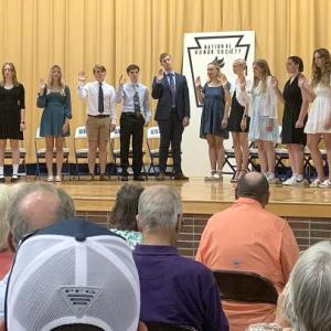 The new inductees into the Boothbay Region High School chapter of the National Honor Society. Pictured from left are Ariel Alamo, Abigail Clark, Lilliana Nein, Madeline Orchard, Kari Blake, Spencer Pottle, Cleyton Splaine, Neal Baldwin, Charlotte Fuchswanz, Kate Campbell, Harriet McKane, Lydia Currier, Anna Gosselin, Catherine Clifford, Laura Chapman and Hannah Hills. STEVE EDWARDS/Boothbay Register