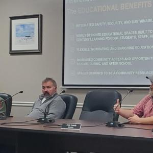 Community School District Board of Trustees member Troy Lewis speaks at a public hearing in Boothbay Harbor Oct. 25. FRITZ FREUDENBERGER/Boothbay Register