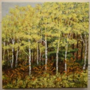 “Golden Birches” by Star Perkins was among the 12” x 12” canvases in the 2022 Art in the Square “affordable art” show! File photo