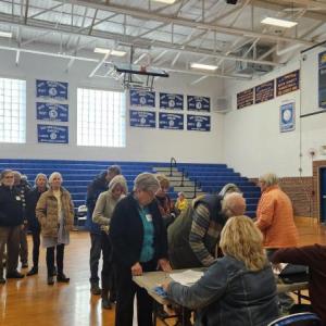 Voters line up in Boothbay Harbor to sign Democratic candidates' ballot petitions. Courtesy of Bob Crink