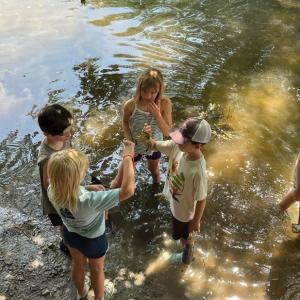 Camp Mummichog campers cautiously examine a green crab in the salt marsh. Courtesy of Coastal Rivers