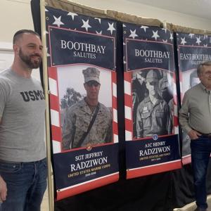Henry Radziwon, right, received a double surprise April 21. He saw veterans’ banners in his and son Jeffrey’s honor. The father also had an unexpected surprise visit from his son who attended the bi-monthly Legion breakfast. BILL PEARSON/Boothbay Register