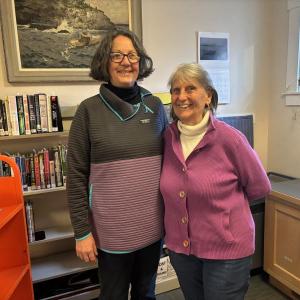 Betsy Dunton, right, with Boothbay Harbor Memorial Library Circulation Director Jane Wallace. KEVIN BURNHAM/Boothbay Register