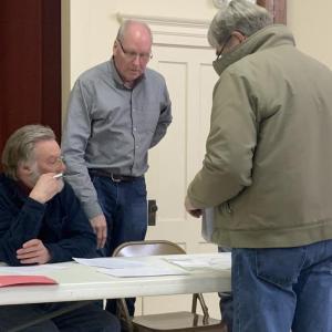 Southport Planning Board approved Ralph and Sandra Eames’ application April 3 to add a dormer to their Landing Road residence. Pictured: Planning board members Bruce White, sitting, and Jeff Long, standing; Ralph Eames, right. BILL PEARSON/Boothbay Register