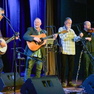 It’s encore time for Tony Trischka & his Band’s “Earljam!” Tony, far left invited Jonathan Edwards, second from right, to join them for the encore! Peter Southwick photo