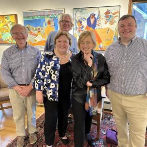 During First Friday, June 7, Gov. Janet Mills paid a visit to Gleason Fine Art in Boothbay Harbor. From left: Dennis Gleason, Martha Gleason, Gov. Mills, and Andrew Gleason; featured artist Kevin Beers stands behind the group. Tom Myette photo