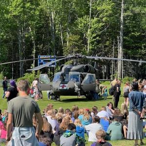 The Army National Guard Black Hawk helicopter lands on the field hockey field at Boothbay Region High School on June 3. Sara Watts photo
