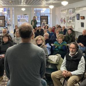 Studio B Executive Director Peter Bruun leading a community conversation on addiction at a recent gathering at the Peace Gallery in Damariscotta. Courtesy of Peter Bruun