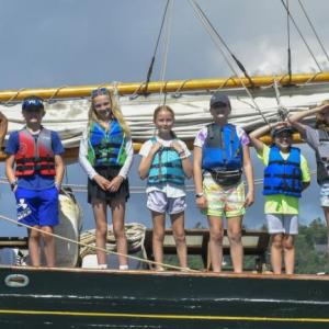 This week’s crew of the schooner Tyrone. From left, Captain Rayford Chew, Ben Hodgdon, Elise Wilson, Hadley Birmingham, Jacqueline Branch, Sheyenne Upham, Pauline “Polly” Nadeau-Miller and First Mate Carolyn Corbin. FRITZ FREUDENBERGER/Boothbay Register