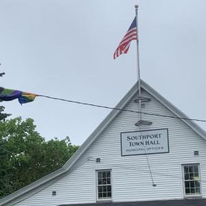 The Pride banner will hang outside Southport’s town hall this June as part of national Pride month. BILL PEARSON/Boothbay Register