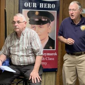 Vietnam veterans Joel Morley, left, and Jim Singer present American Legion Post 36’s proposal to Edgecomb selectmen last August. File photo