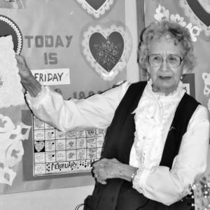 Dorothy Abbott making a presentation about valentines. Boothbay Register file