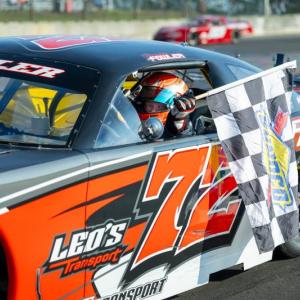 Branden Fowler celebrates his first Late Model win in over 4 years at Wiscasset. Jasen Dickey Photography