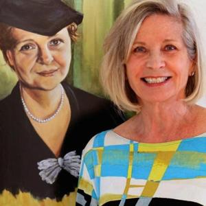 Author Ruth Monsell with her painting of Frances Perkins. Monsell’s book signing at Sherman’s is this Saturday, July 27 from 1 to 3 p.m. Courtesy of the author