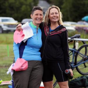 Sarah Plummer, right, and a friend before the start of the 2023 Pemaquid Beach Triathlon. Plummer is offering a swim clinic at Pemaquid Beach on Aug. 3. Courtesy Kris Christine