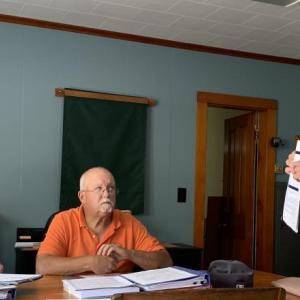 Shri Verrill, right, of Sunrise Ecologic told Southport selectmen the town received a $50,000 Community Action Grant Aug. 7 from the Community Resilience Partnership. BILL PEARSON/Boothbay Register