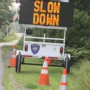 Traffic on Cross Road has slowed significantly in the past two weeks after Lincoln County Sheriff’s Department placed one of its four electronic signs in Southport. BILL PEARSON/Boothbay Register
