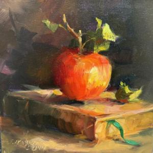 "Apple and Old Book" - Sandra Dunn oil.