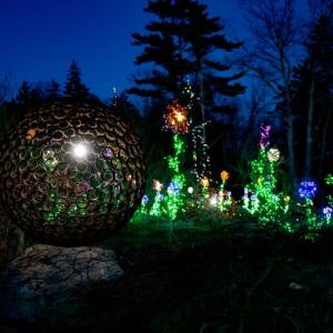 A JBONE sphere in one of the Gardens Aglow scenes at Coastal Maine Botanical Gardens 2024. Courtesy of ??