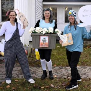 Boothbay Harbor Memorial Library staff with their reading-themed costumes. From left, Bethany Schmidt, Joanna Breen, and Jen Betts. FRITZ FREUDENBERGER/Boothbay Register 